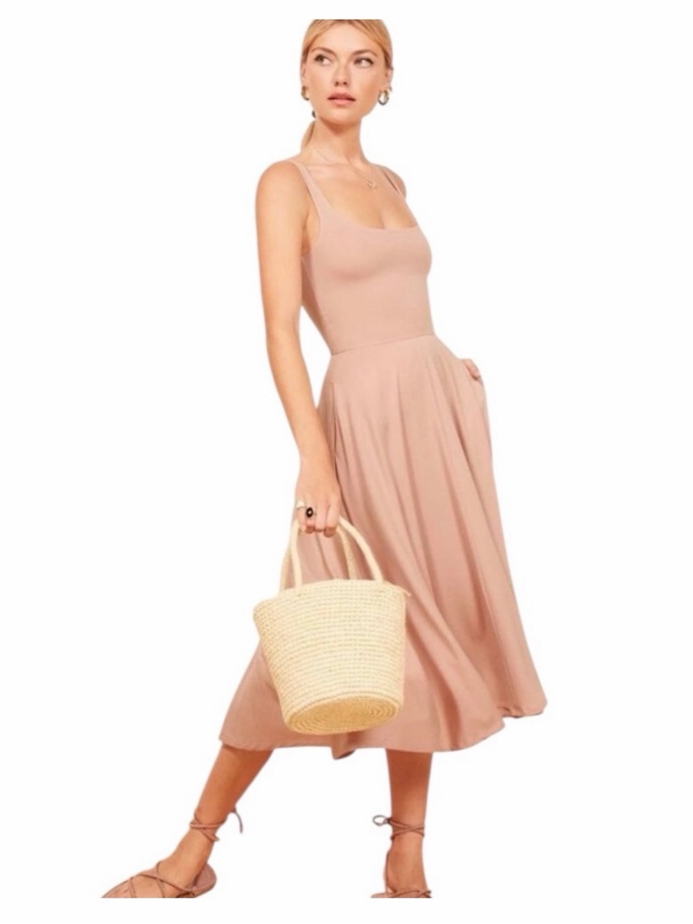 Reformation Square-Neck Midi Dress in Blush size S